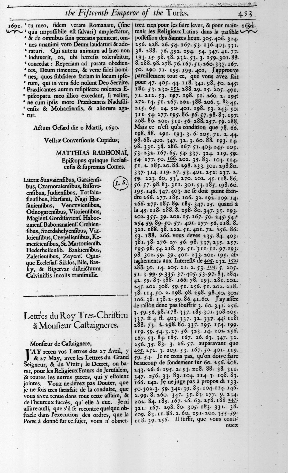 Page 453 of Rycaut's History of the Turks (1700), showing the heading 'Lettres du Roy Tres-Christien à Monsieur Castaignères' and columns of cipher numbers mixed with French text.