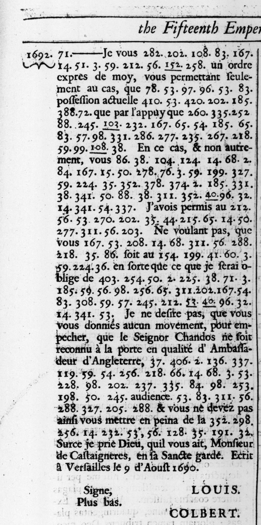 Page 455 of Rycaut's History of the Turks: the end of the 9 August letter, with the 40 mille écus passage and the signatures Louis and Colbert.